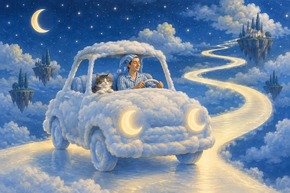 Ein kleines Oldtimer-Auto aus Wolken fährt eine Straße aus Mondlicht durch den Sternenhimmel, am Steuer eine lächelnde Person im Pyjama