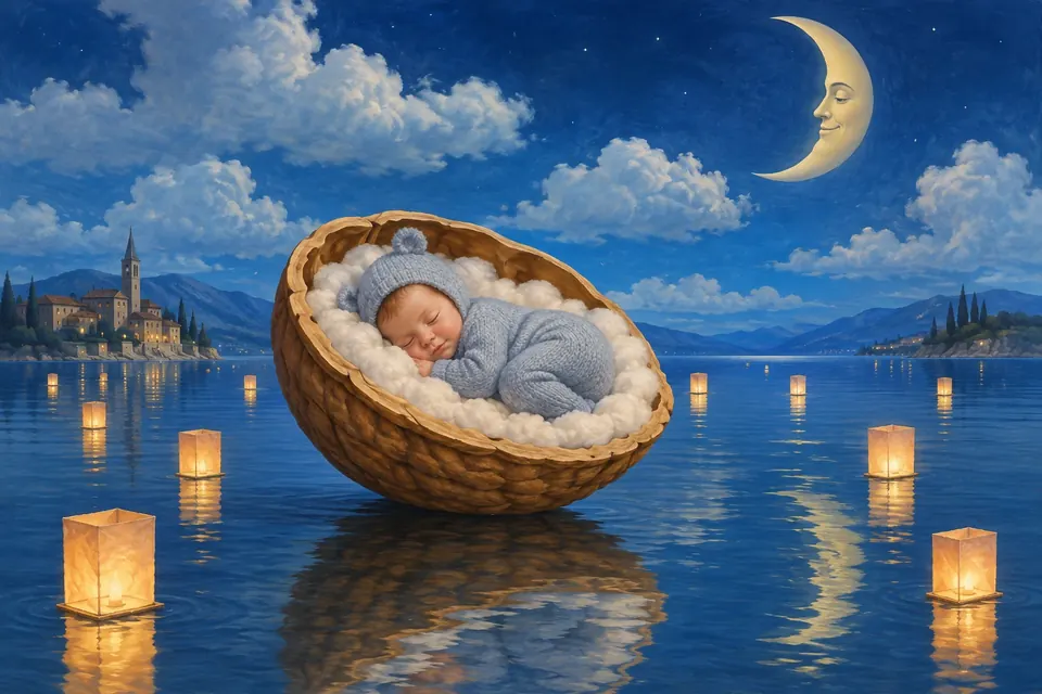 Ein schlafendes Baby im Strickanzug liegt in einer riesigen, mit Watte gepolsterten Walnussschale auf einem ruhigen See im Mondlicht