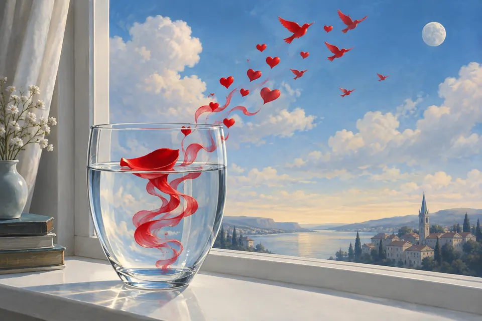 Ein rotes Rosenblatt in einem Wasserglas auf dem Fensterbrett löst sich in rote Bänder auf, die zu kleinen Herzen und Vögeln werden