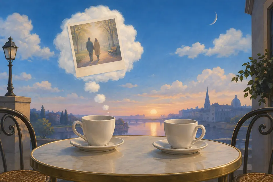 Zwei leere Kaffeetassen auf einem Tisch, über einer schwebt eine Gedankenwolke mit einem verblassten Erinnerungsfoto
