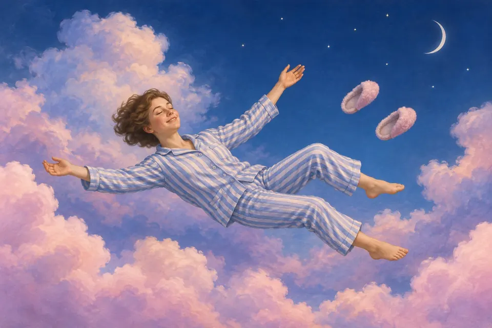 Entspannte Person im Pyjama schwebt wie eine Feder durch rosa Wolken, ihre Hausschuhe fliegen hinterher