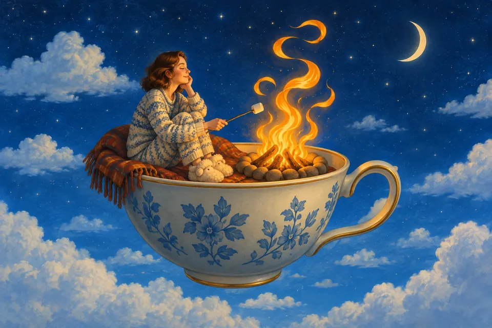 Person im Strickpyjama sitzt an einem kleinen Lagerfeuer auf einer schwebenden Teetasse im Sternenhimmel und röstet ein Marshmallow