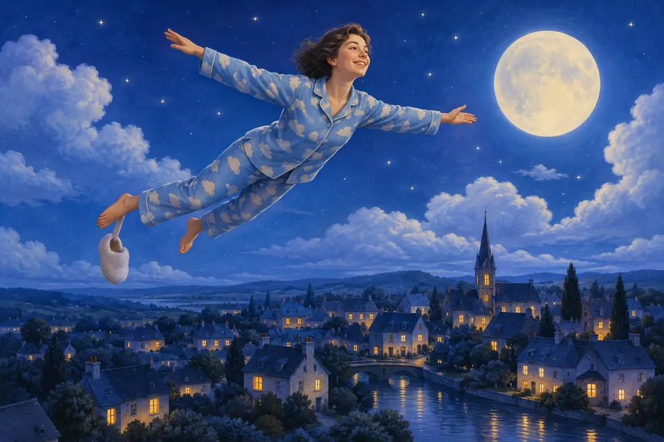 Mensch im Pyjama fliegt mit ausgebreiteten Armen über eine schlafende Stadt bei Nacht, ein Hausschuh baumelt