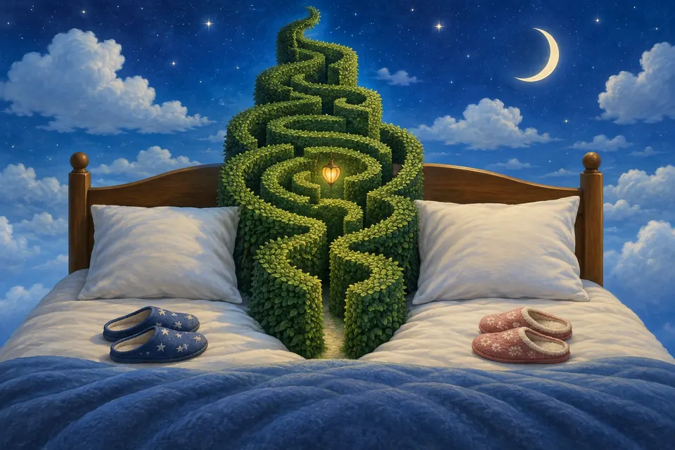 Zwei Kissen auf einem Bett unter dem Sternenhimmel, dazwischen wächst ein Heckenlabyrinth mit einer leuchtenden Herzlaterne in der Mitte
