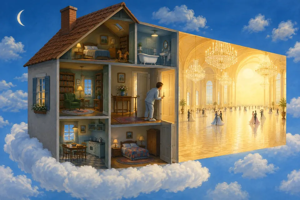 Ein kleines Haus auf einer Wolke, aufgeklappt wie ein Puppenhaus; hinter einer Tür liegt ein riesiger heller Ballsaal, eine Person im Pyjama schaut neugierig hinein