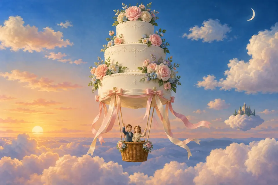 Eine Hochzeitstorte schwebt wie ein Heißluftballon durch einen rosa Himmel, im Korb winken zwei Tortenfiguren