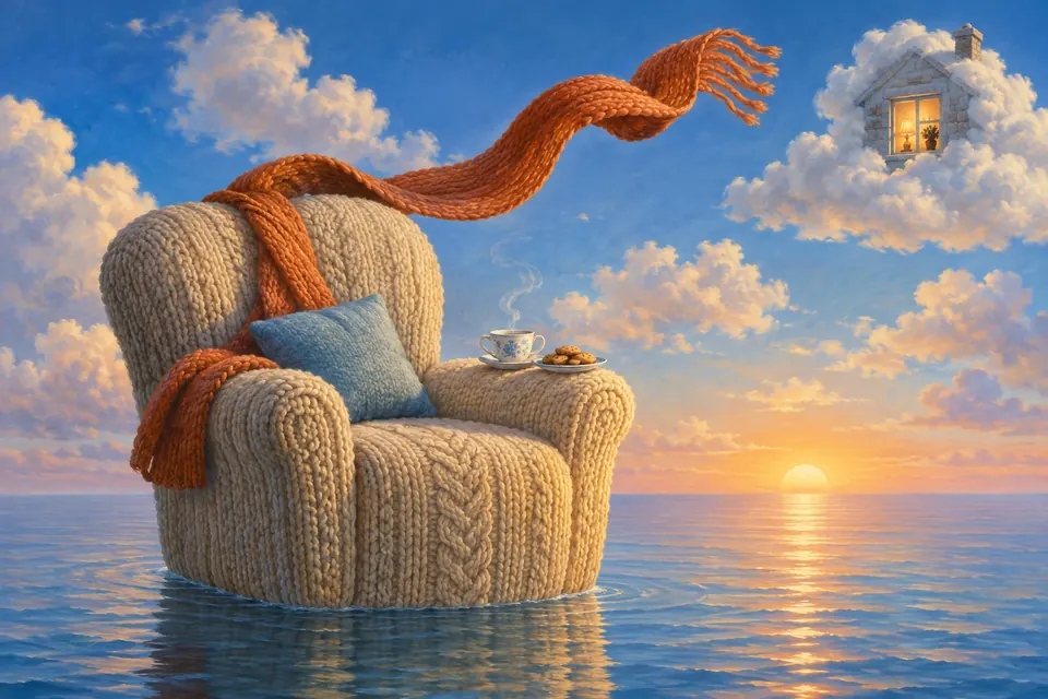Ein riesiger gestrickter Sessel schwebt auf einem ruhigen Meer, daneben Tee und Kekse, ein Schal weht wie ein Band über den Himmel