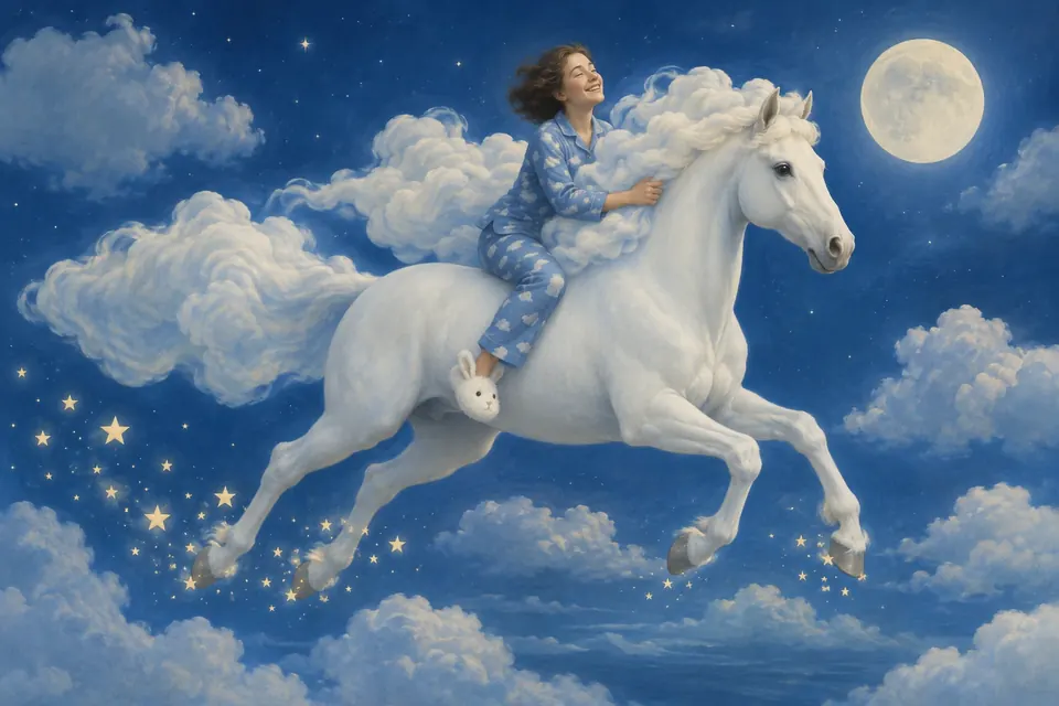 Ein weißes Pferd mit einer Mähne aus Wolken galoppiert durch den Nachthimmel, auf seinem Rücken reitet eine Person im Pyjama