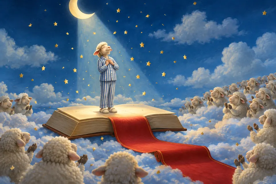 Person im Pyjama steht im Mondlicht-Scheinwerfer auf einer Bühne aus einem offenen Buch, ein roter Teppich rollt über die Wolken, Schafe applaudieren