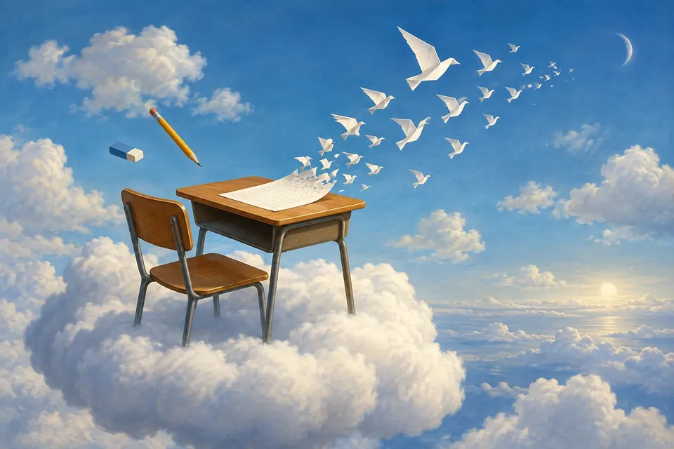 Ein Schulpult schwebt auf einer Wolke, das Prüfungsblatt verwandelt sich in Papiervögel, die davonfliegen