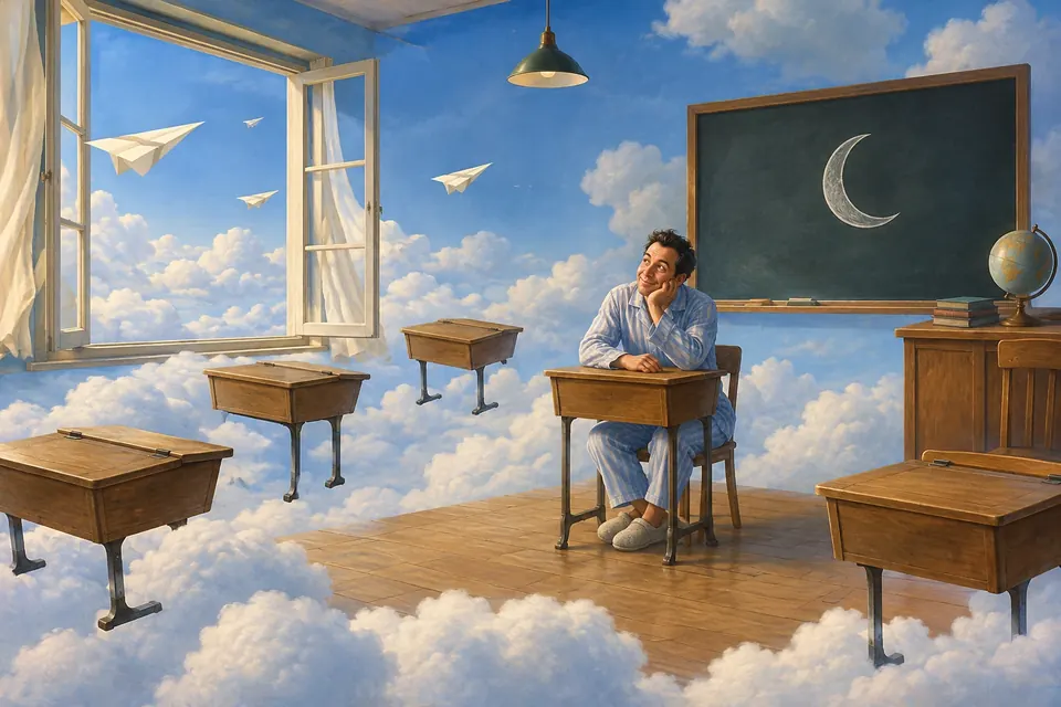Ein altmodisches Klassenzimmer schwebt zwischen Wolken, ein Erwachsener im Pyjama sitzt amüsiert an einem viel zu kleinen Schulpult