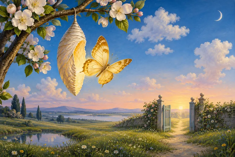 Ein goldener Schmetterling schlüpft aus einem leuchtenden Kokon an einem blühenden Zweig, dahinter ein offenes Gartentor im Morgenlicht