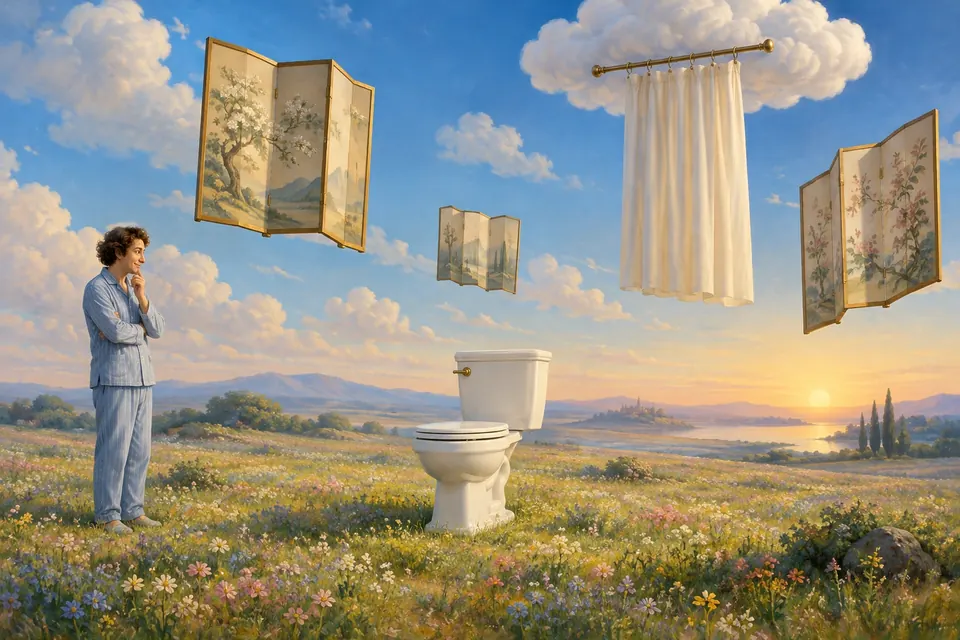 Eine einzelne Porzellantoilette steht auf einer weiten Wiese unter dem Morgenhimmel, ein Vorhang hängt von einer Wolke, eine Person im Pyjama schaut amüsiert