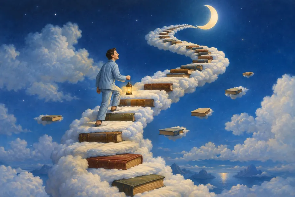 Eine Wendeltreppe aus Wolken und Büchern führt in den Nachthimmel zum Mond, eine Person im Pyjama steigt mit einer Laterne hinauf
