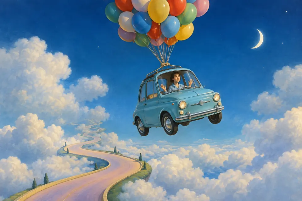 Ein kleines Spielzeugauto schwebt an bunten Luftballons von einer kurvigen Straße in den Himmel, darin sitzt eine entspannte Person im Pyjama