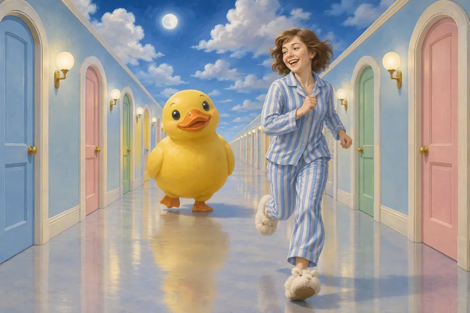 Mensch im Pyjama rennt lachend durch einen endlosen Flur, hinter ihm watschelt eine riesige, freundliche Gummiente