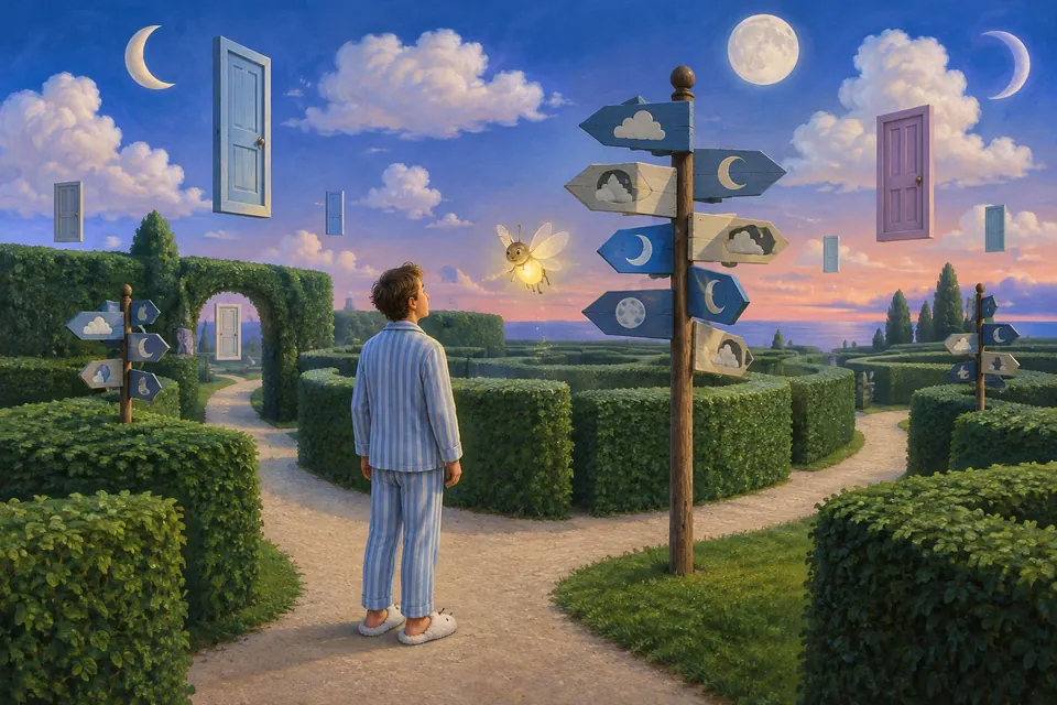 Person im Pyjama steht an einer Kreuzung in einem Heckenlabyrinth mit schwebenden Türen, Wegweiser zeigen Wolken und Monde, ein Glühwürmchen leuchtet ihr den Weg