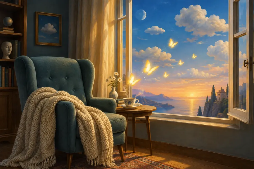 Ein leerer, gemütlicher Sessel mit Strickdecke am Fenster im goldenen Abendlicht, daneben dampfender Tee, leuchtende Schmetterlinge fliegen hinaus