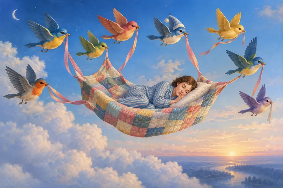 Ein Schwarm kleiner bunter Vögel trägt eine schlafende Person im Pyjama auf einer Steppdecke durch den Morgenhimmel