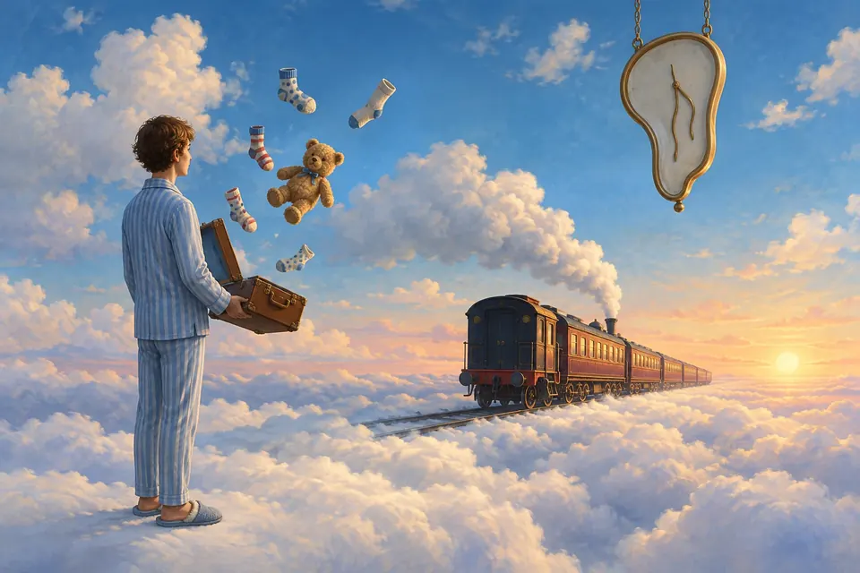 Person im Pyjama steht mit offenem Koffer auf einem Wolken-Bahnsteig, ein freundlicher Dampfzug fährt davon, darüber eine weiche, schmelzende Uhr